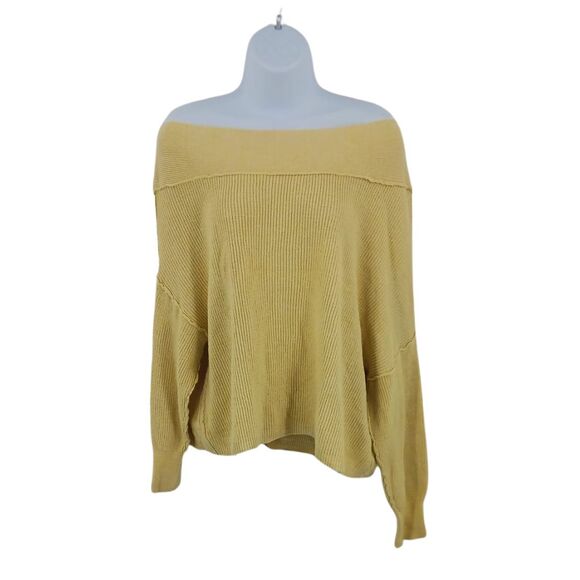 Free People Yellow Alana Linen Heathered Sweater Off Shoulder Sz Small - Picture 3 of 7
